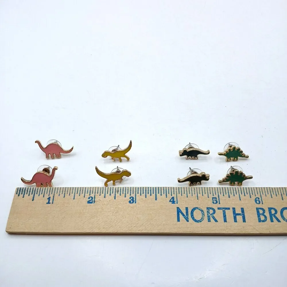 Dinosaur Pierced Earrings Set Enamel Gold Tone T-Rex Stegosaur Brachiosaurus+
